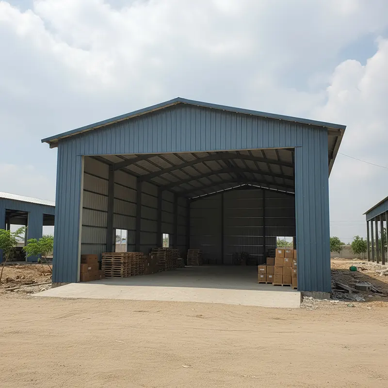 Basic industrial PEB shed with gable roof design for small warehouse and storage applications in India