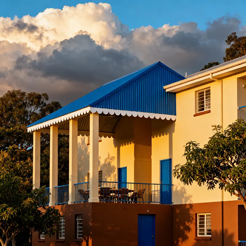 Large multi-story residential building with cream and brown walls, blue doors and railings, and a striking blue corrugated metal rooftop shed with scalloped white trim, supported on slender pillars. The shed is open-sided for ventilation, surrounded by leafy trees and set against a dramatic sky with clouds, warm late afternoon sunlight, and inviting shadows