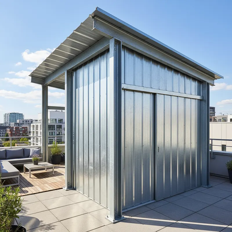 A modern rooftop shed constructed from high-grade galvanized steel, featuring durable metal panels and robust columns atop a residential building. The open-air terrace setting and bright blue sky emphasize the shed’s strength, longevity, and functional architectural style.