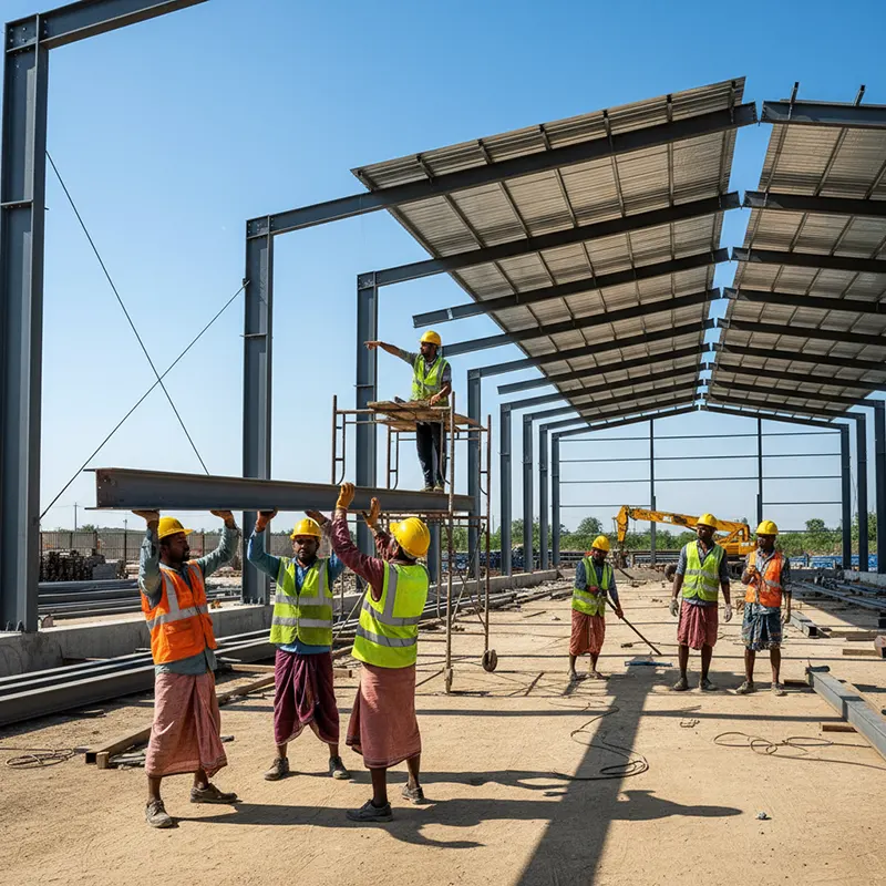 Indian laborers assembling and manufacturing a metal shed outdoors, working with tools and steel frameworks in an industrial site. The scene emphasizes teamwork, traditional clothing, and safety gear, with a partially built shed featuring steel columns and metal roof panels during daytime.