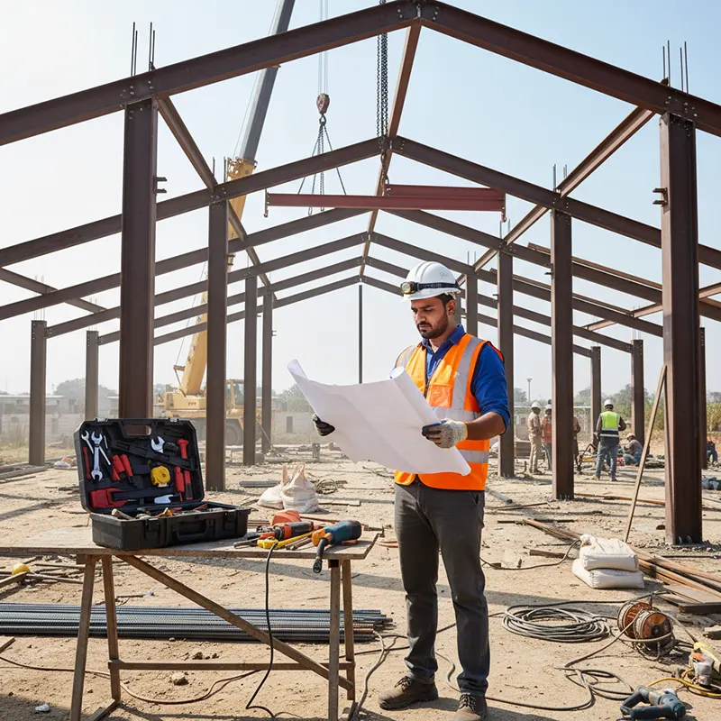 An Indian male engineer wearing a safety helmet and reflective vest stands at a roof shed construction site, reviewing blueprints and inspecting the steel columns and roof frame. He is surrounded by construction tools in a well-organized, focused daytime setting, preparing for the installation of the shed.