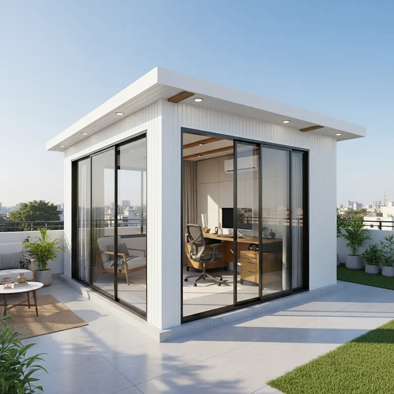 Insulated rooftop shed with PUF panels and thermal insulation designed as comfortable workspace or temperature controlled storage on terrace