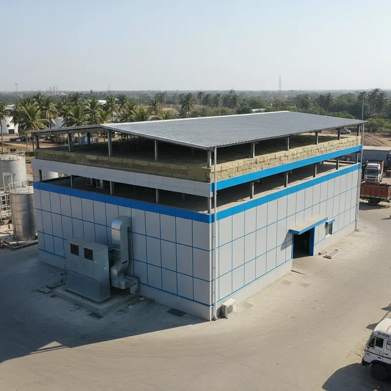Insulated shed with PUF panels and double-layer roofing for thermal insulation and temperature-controlled storage in India.