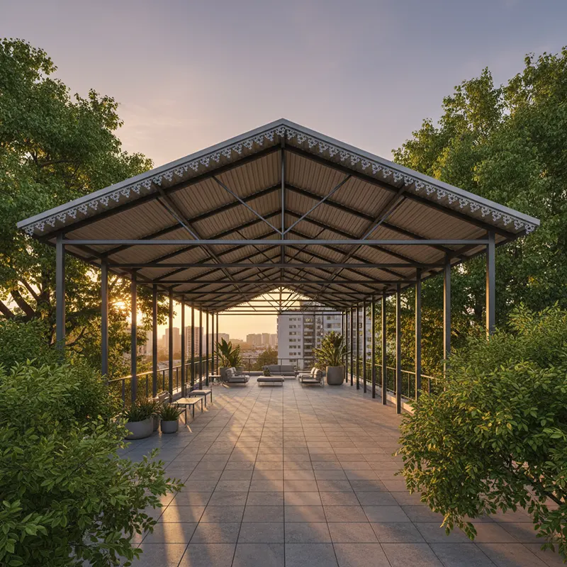 A large rooftop shed constructed atop a residential building, featuring a wide, pitched metal roof with decorative scalloped trim. Supported by a grid of slender steel columns and beams, the structure creates an expansive, open terrace below and is surrounded by lush green trees and overhanging branches for a spacious, airy feel.