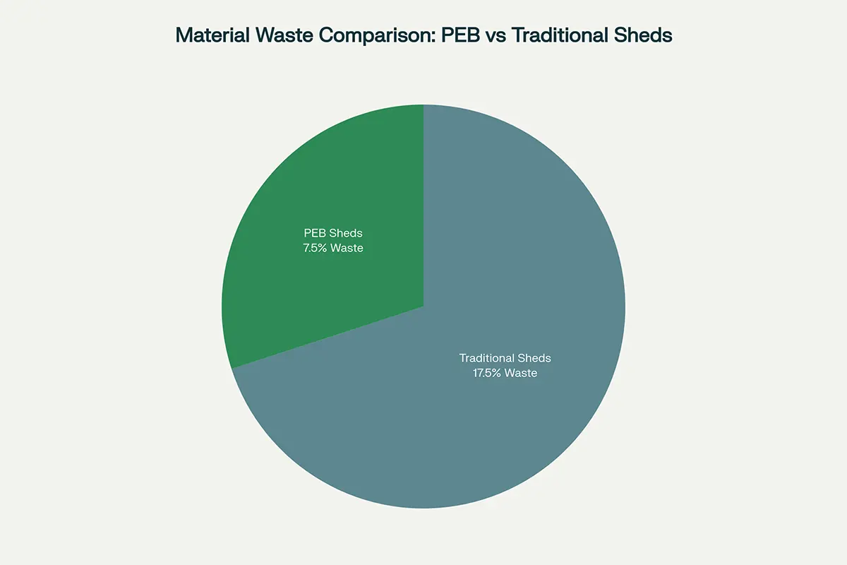 Material waste comparison showing PEB sheds generate significantly less waste (7.5%) compared to traditional RCC sheds (17.5%).