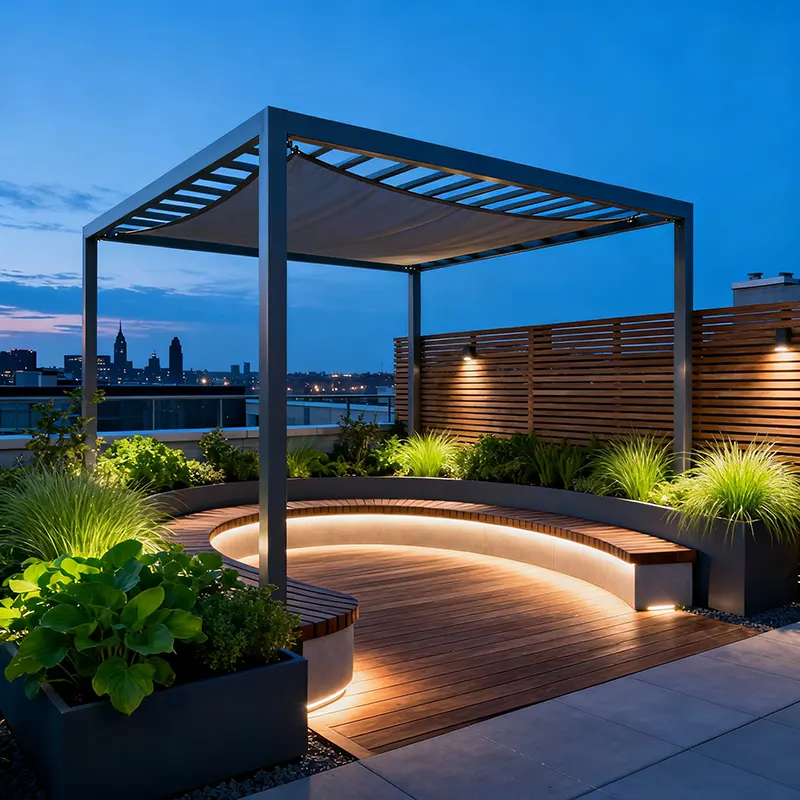 Contemporary rooftop garden at dusk with a sleek metal pergola and partial shade canopy, curved benches, vibrant green planters, integrated landscape lighting, wooden decking, horizontal wooden fencing, and a tranquil, cozy ambiance under a blue evening sky with city silhouettes.