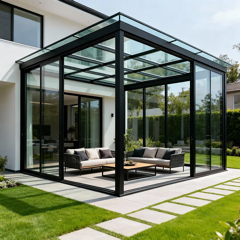 Modern glass sunroom or enclosed patio attached to a contemporary house, featuring a sleek black metal frame, floor-to-ceiling clear glass panels, a polycarbonate sheets roof, and comfortable outdoor seating with cushions around a central coffee table. The space opens to landscaped green grass and a paved walkway, filled with ample natural light and a sophisticated, relaxing ambiance