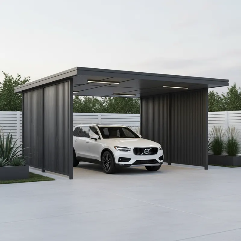 Contemporary portable car parking shed with a flat roof featuring integrated lighting, built from sleek dark-colored panels and slim metal supports. The shed is partially enclosed on three sides for privacy and protection; inside, a white Volvo SUV is parked on a smooth concrete driveway, surrounded by tall privacy fencing and minimalist residential landscaping for a clean and stylish outdoor parking solution.