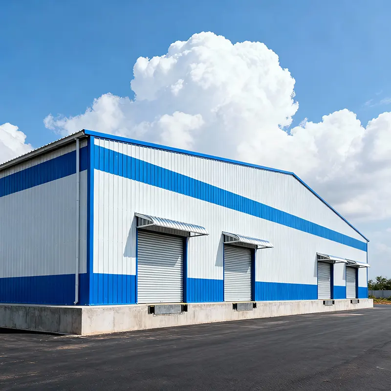 Modern Pre Engineered Blue and White PEB Industrial Shed