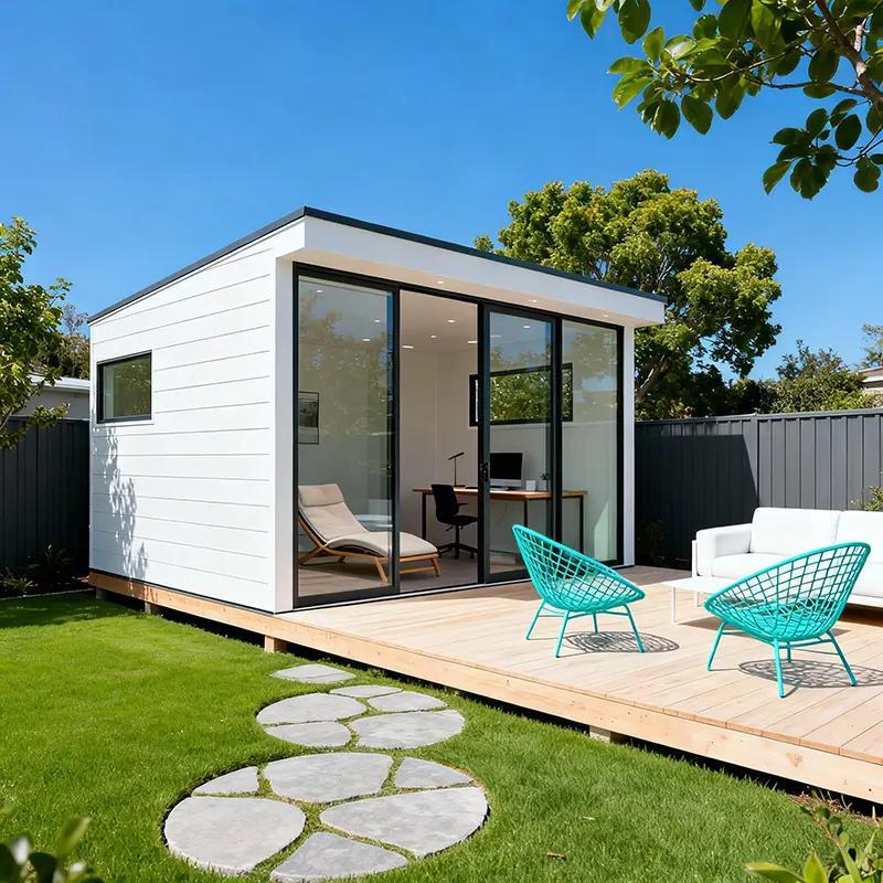 Sleek modern outdoor studio shed with a single-sloped flat roof, clad in crisp white panels and expansive floor-to-ceiling glass doors and windows. Elevated on a light wooden deck above a green lawn with circular stone pavers leading to the entrance, the shed's bright interior features contemporary furnishings. The deck is furnished with turquoise wire lounge chairs and a white sofa set, surrounded by leafy trees, privacy fencing, and a clear blue sky, creating a fresh, inviting garden retreat.