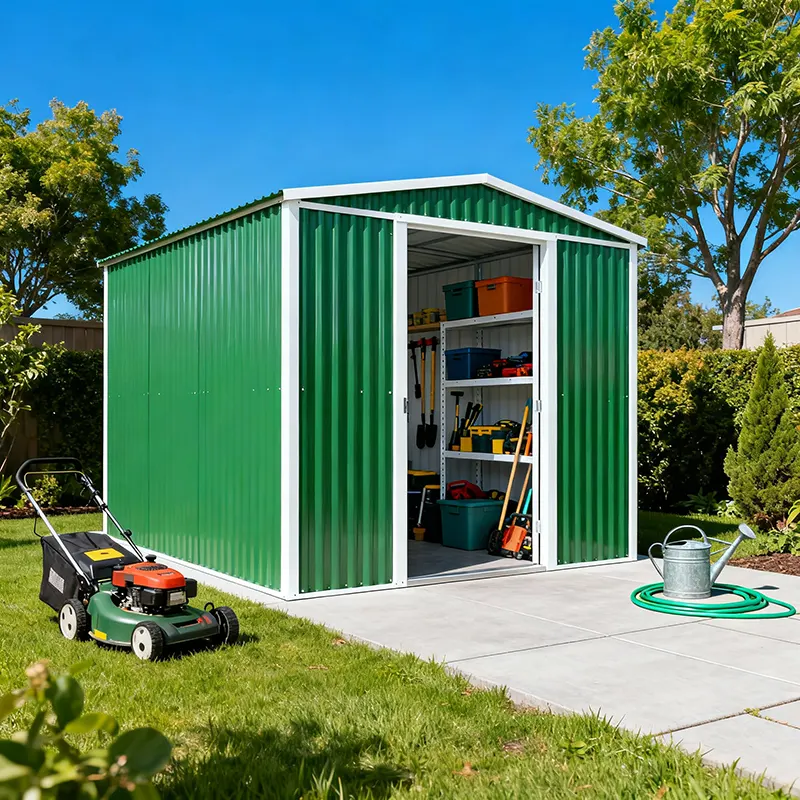 Modern outdoor garden shed with green corrugated steel sheet cladding and white steel frame, open doorway revealing organized shelves with storage boxes and tools. The shed sits on a concrete slab patio surrounded by well-kept grass, trees, and shrubs. Various garden equipment, including a lawn mower, watering can, and hose, are arranged on the paved area, creating a functional and inviting backyard scene under a bright blue sky.