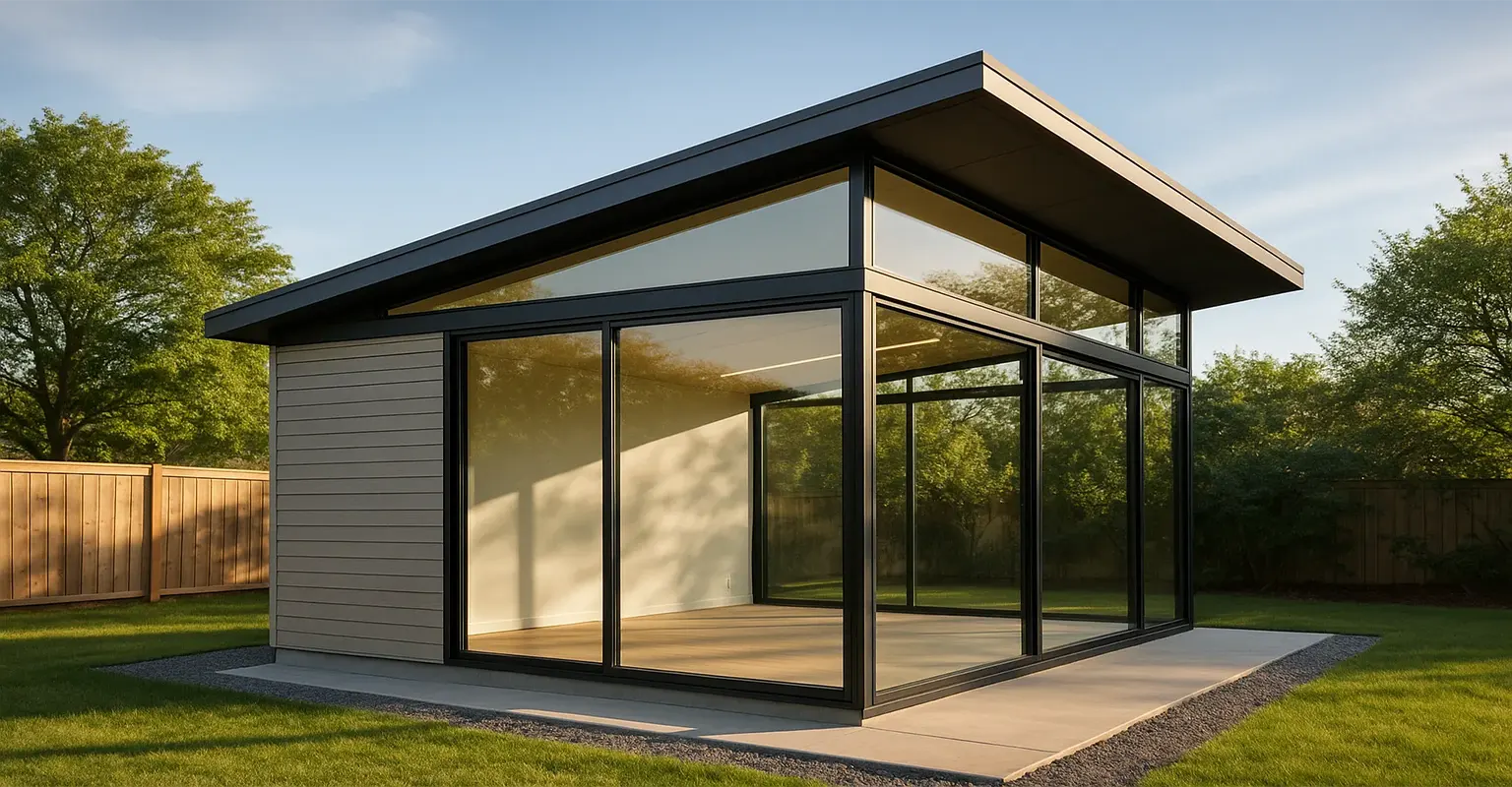 Modern shed roof design showcasing a sleek single-sloping roof and extensive glass walls for natural light integration