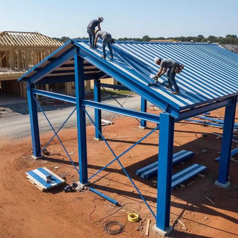 Large modern roof shed under construction, with two workers installing blue and white corrugated metal roofing sheets on a robust blue-painted steel frame. The semi-completed structure features angular steel columns and roof trusses, surrounded by exposed soil, construction materials, and unfinished residential buildings in the daylight background, showcasing teamwork and contemporary metal shed engineering.