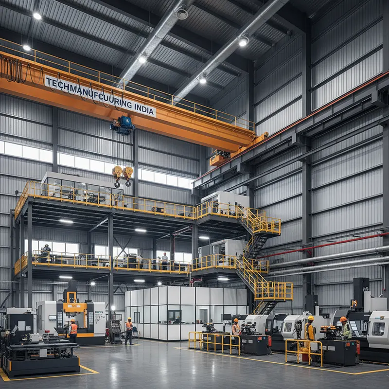 A premium industrial PEB shed featuring specialized high-specification design elements including heavy crane provisions with overhead crane beams, mezzanine floors for multi-level operations, specialized insulation systems, and upgraded cladding materials. The sophisticated structure is engineered to accommodate heavy manufacturing equipment, temperature-controlled environments for cold storage, and complex structural requirements, with increased steel tonnage and advanced engineering suitable for demanding industrial applications in India.