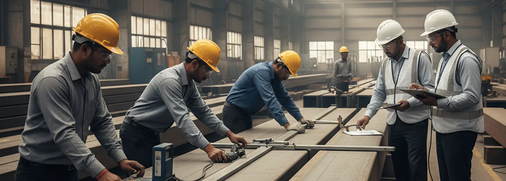 Quality steel material inspection and fabrication process with workers implementing quality control protocols at manufacturing facility