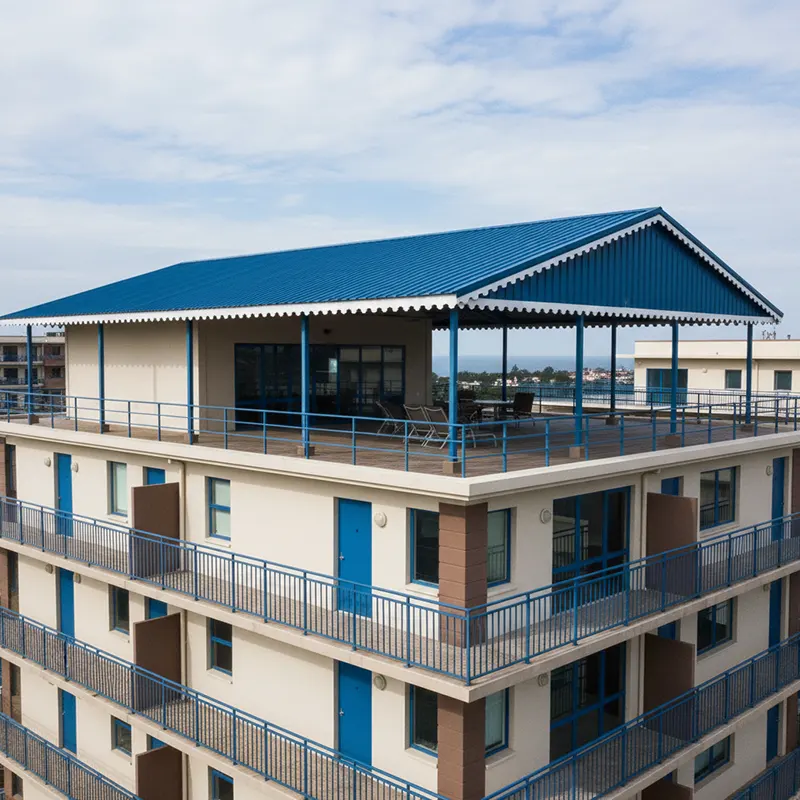Rooftop Shed With Blue Corrugated Metal Roof