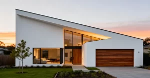 Contemporary house with a dramatic single-slope shed roof design, crisp white exterior walls, floor-to-ceiling windows, and bold geometric façade. The roof extends over the main living area and sleek garage, surrounded by a landscaped front yard with manicured grass, ornamental plants, young trees, and a paved walkway. The dusk setting and subtle sunset sky enhance the home's minimalist architecture.