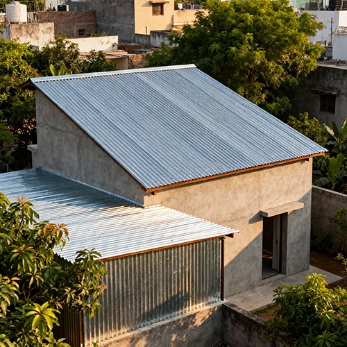 A single slope (skillion) shed roof design featuring a corrugated metal roof attached to a concrete house in an Indian urban neighborhood, surrounded by greenery and bathed in daylight.