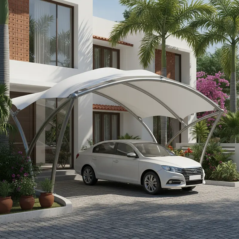 Tensile fabric car parking shed with PVC coated membrane stretched over metal frame for lightweight aesthetic residential parking solution