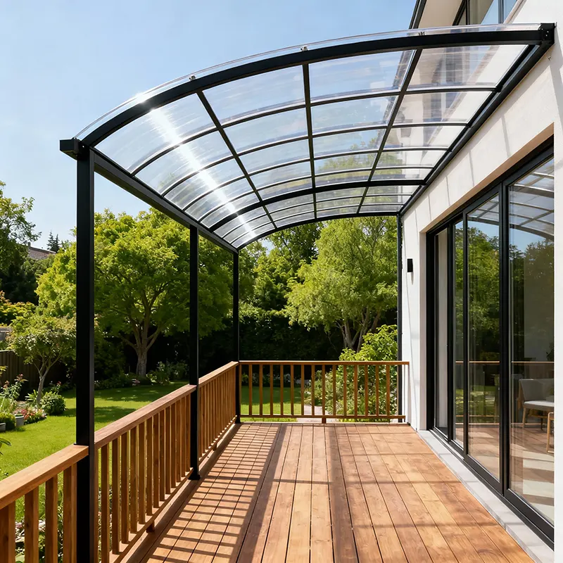 A modern residential terrace roof shed design with a transparent arched polycarbonate roof supported by slim black metal frames. The terrace area features wooden flooring and railings, and is attached to a house with large windows overlooking green trees and a garden. The bright, airy outdoor space is designed for relaxation, blending contemporary style with natural surroundings.