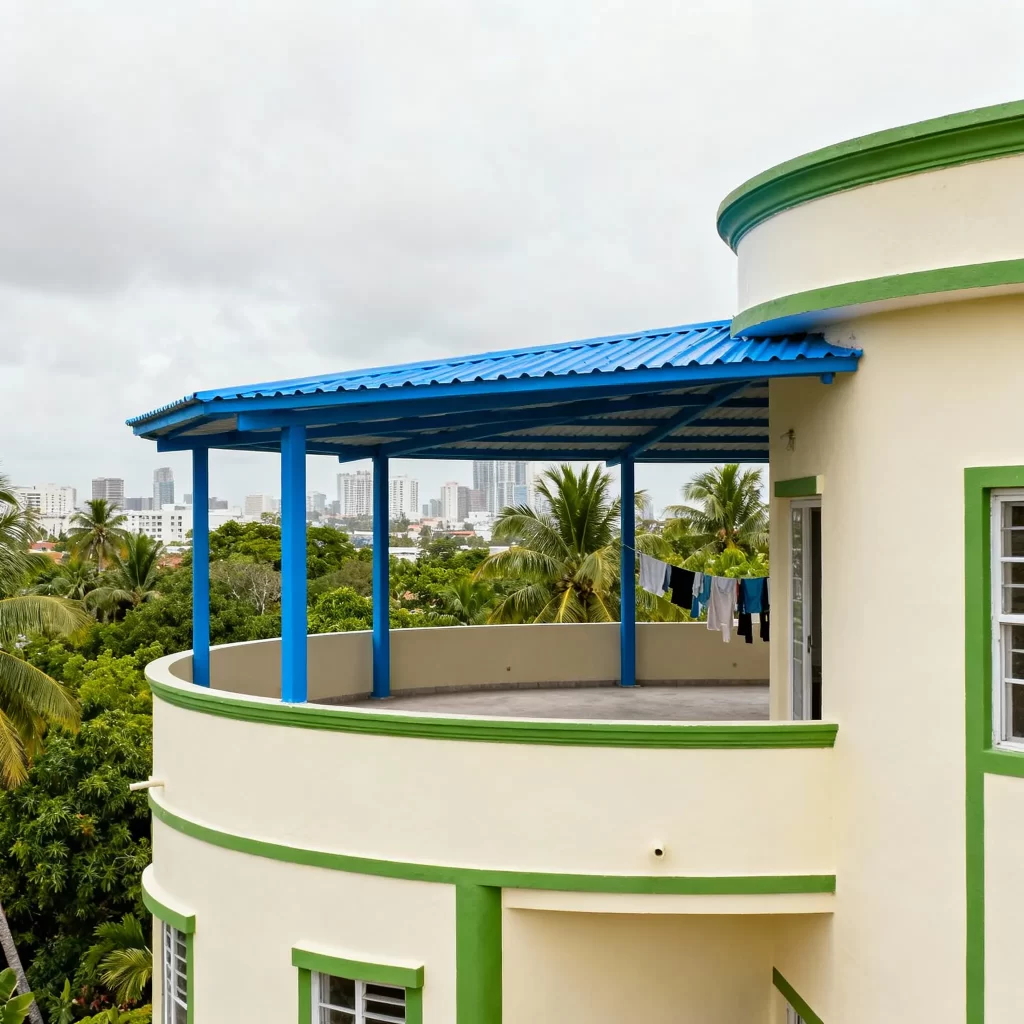 bright blue corrugated metal roof