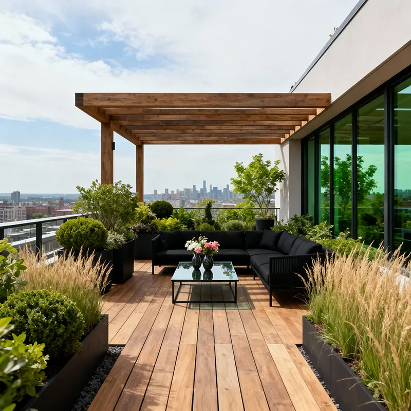 contemporary rooftop terrace garden in an urban setting