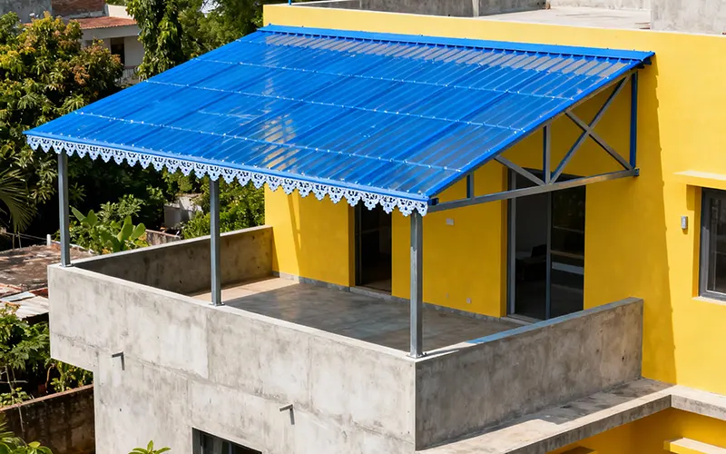 Indian residential house with a large blue polycarbonate rooftop shed supported by a steel frame, positioned on a modern concrete building. The shed features a single sloped blue polycarbonate sheet roof with decorative edges, surrounded by greenery and trees in bright daylight, with yellow walls visible in an urban neighborhood.