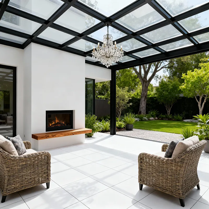A stylish modern patio attached to a house, covered by a transparent polycarbonate roof with black steel framing. The outdoor space features cozy wicker furniture with cushions, a white tile floor, an elegant chandelier, and a built-in wall fireplace with a wooden bench. The patio opens to a landscaped garden with trees and green plants, blending indoor and outdoor living in a bright, welcoming atmosphere