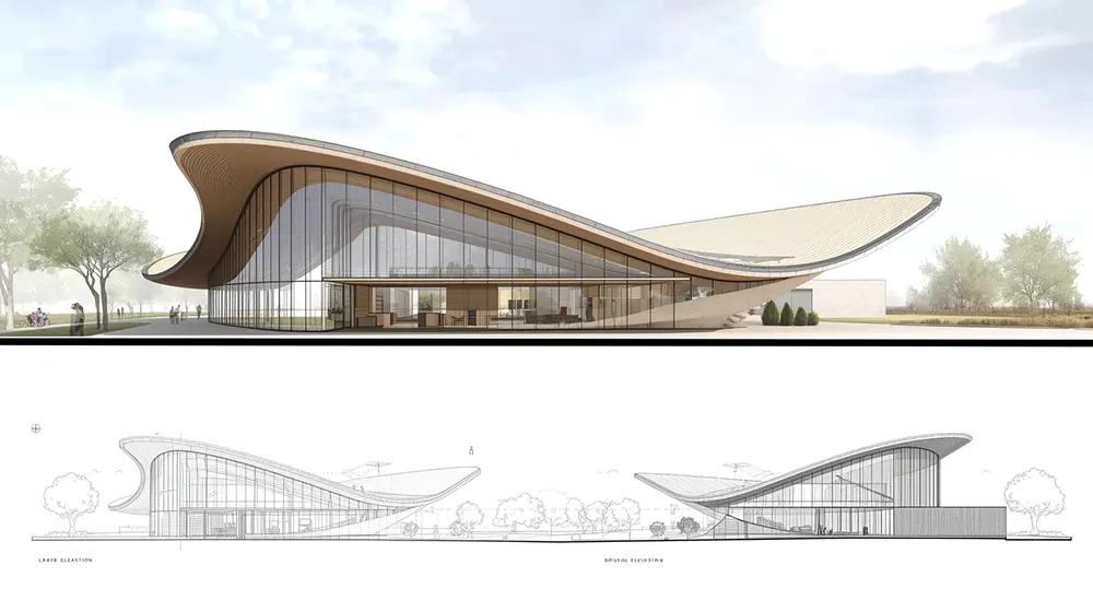 Architectural Concept of Curved Wood and Glass Pavilion