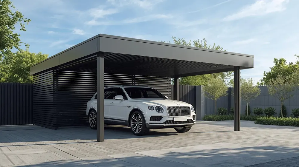 Minimalist box-frame carport with matte black slatted privacy screens, single white luxury SUV parked inside, large gray tile pavers on driveway, manicured green landscaping, sleek modern residential styling
