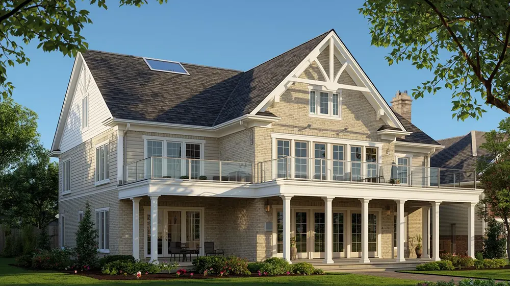 A contemporary two-story house featuring a light brick façade, large symmetrical gables with decorative white trim, and a wide wrap-around glass balcony on the upper floor. The ground floor is lined with tall windows and a white-columned porch, surrounded by lush gardens and mature trees under a clear blue sky