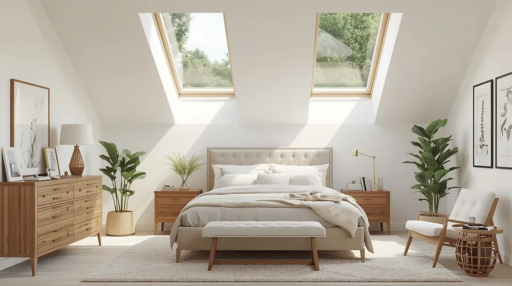 A spacious Scandinavian-style bedroom featuring a plush bed, light-toned furniture, and abundant natural light streaming in from skylights. The space is decorated with potted plants, a rug, wooden dressers and a bench, and features framed botanical prints for a fresh and tranquil ambiance.
