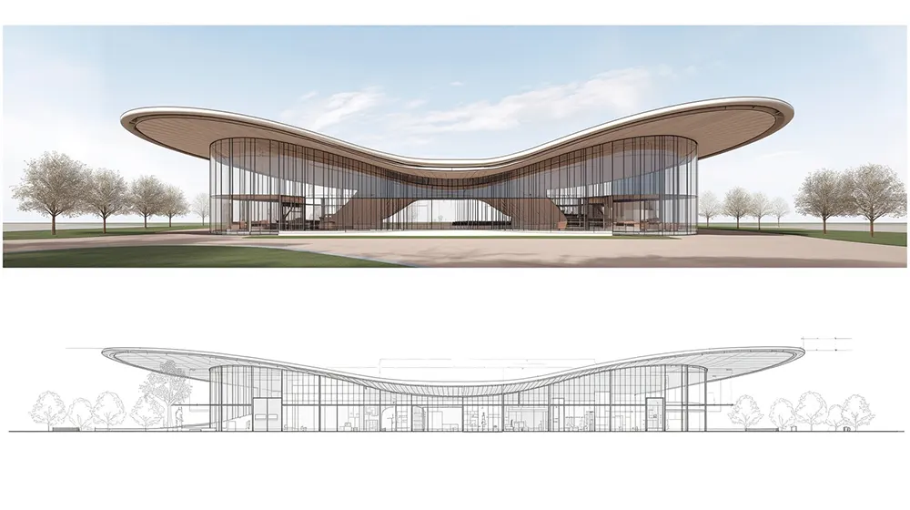 A striking structure featuring a butterfly-shaped curved, twisting roof and almost uninterrupted floor-to-ceiling glass. The front and side elevation renderings highlight the dynamic, airy architecture amid evenly spaced trees and large grass spaces
