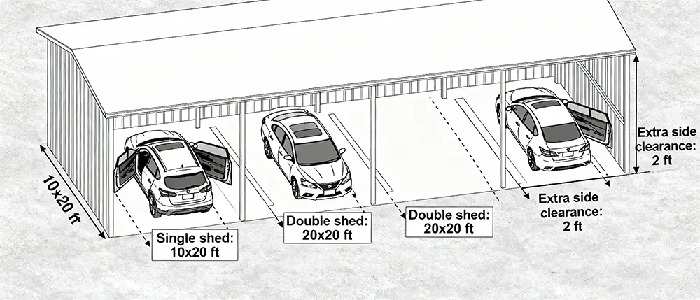 Top-down diagram illustrating car parking shed space measurements, including recommended dimensions for single-car sheds (10x20 feet / 3x6 meters) and double-car sheds (20x20 feet / 6x6 meters), with additional side clearance highlighted to accommodate vehicle door opening and comfortable access, cars shown parked with open doors, professional planning guide for optimal shed sizing