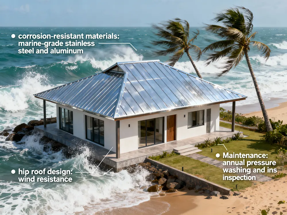Coastal House with Hip Roof and Corrosion Resistant Materials for Extreme Weather