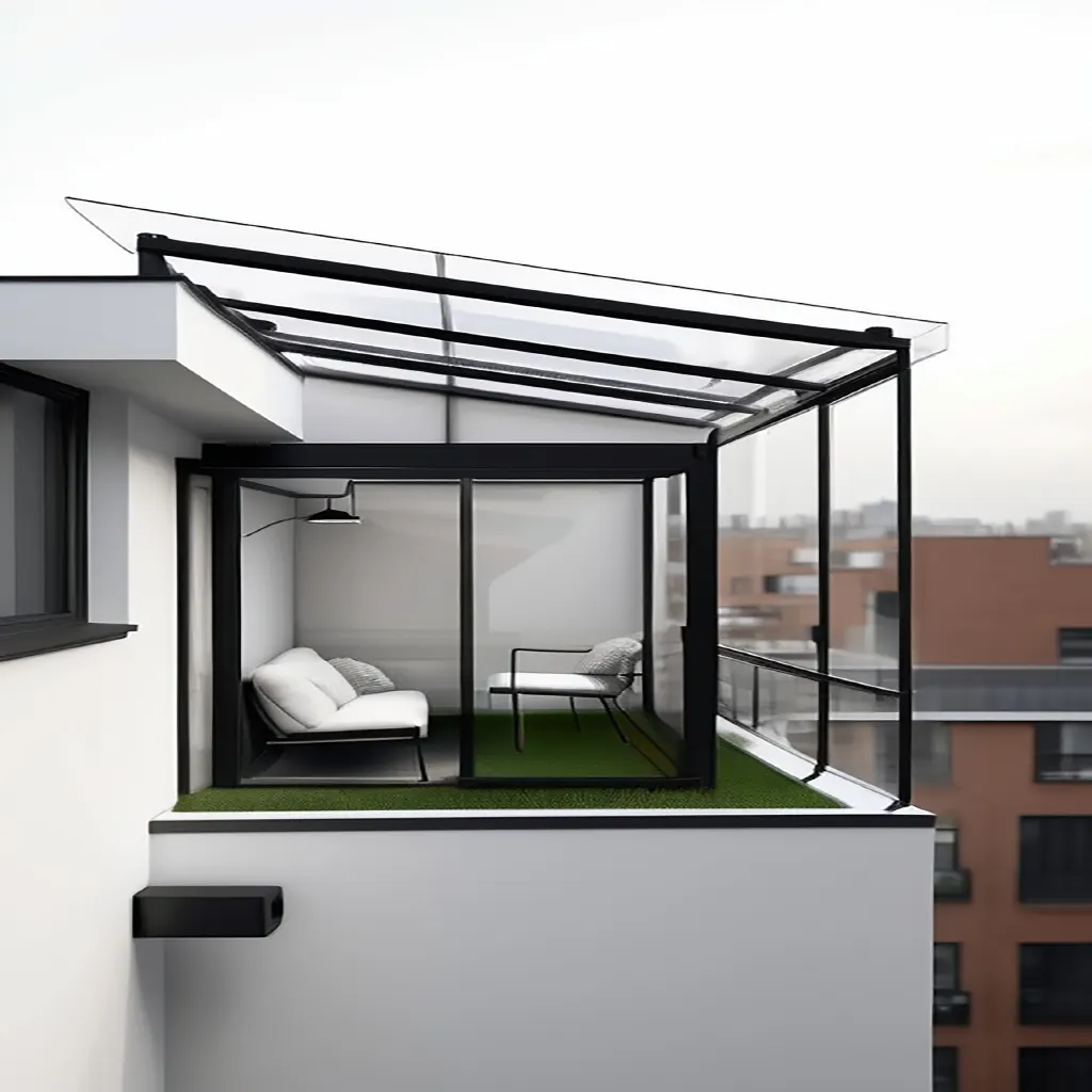 Small contemporary balcony shed with a sloped transparent roof and black steel frame, featuring white walls, glass panels, a compact seating area with a sofa and chair, artificial grass flooring, and views of surrounding urban apartment buildings.
