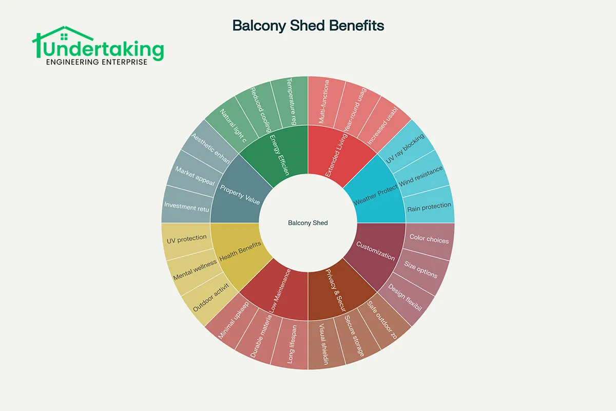 Colorful circular chart illustrating the key benefits of balcony sheds, including weather protection, extended living space, energy efficiency, property value, health benefits, low maintenance, privacy and security, and customization options, with sub-benefits labeled around each major category