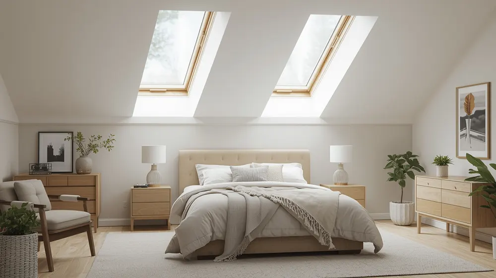 Contemporary Bedroom with Skylights and Cozy Decor