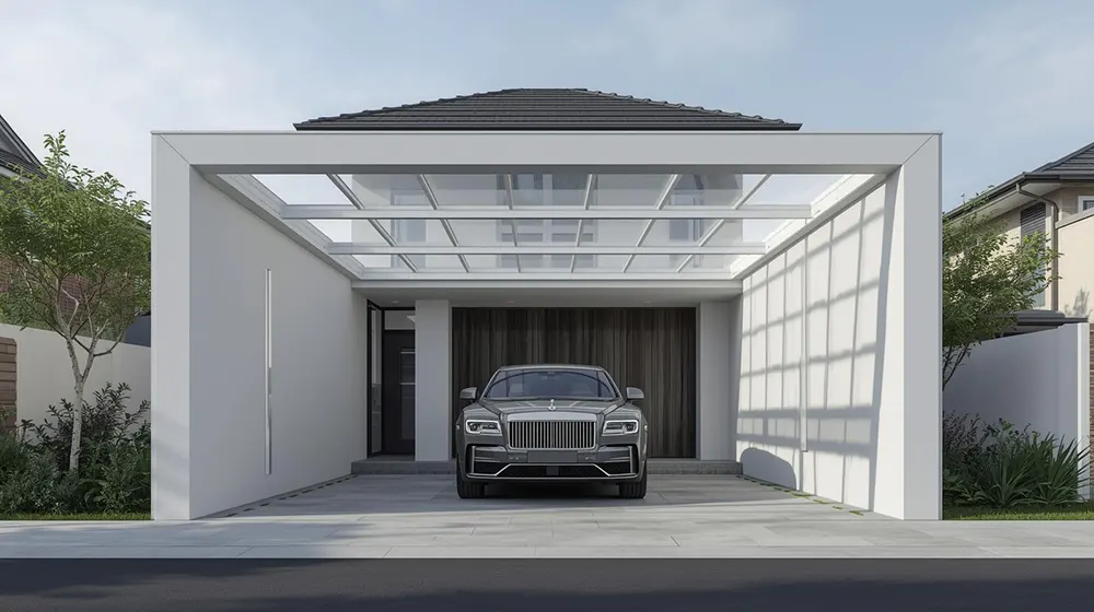Contemporary cantilever car parking canopy with white frame and transparent glass roof panels, luxury car parked underneath, enclosed modern residential entrance, clean lines and minimalist architecture, bright natural daylight, ideal for premium home design