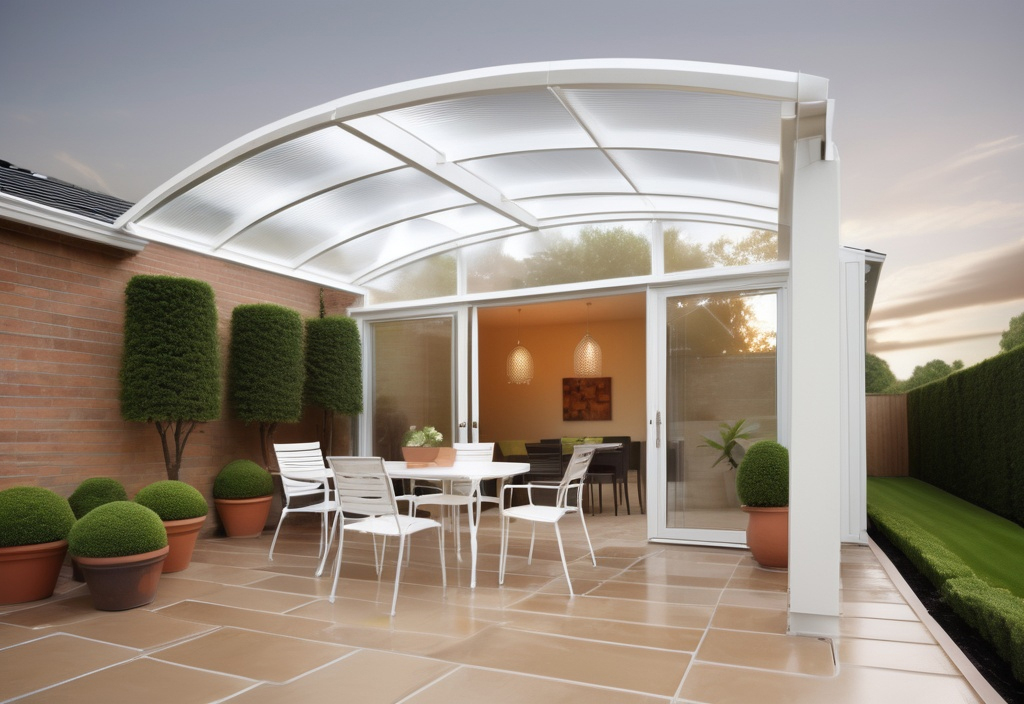 Modern balcony shed featuring a gently curved transparent polycarbonate roof with sleek white framing, covering an outdoor patio dining area with white chairs and table, potted plants, and sliding glass doors leading inside. The shed attaches to a cream-colored house, surrounded by manicured landscaping and evening sky, creating a bright, elegant, and functional extension to the home