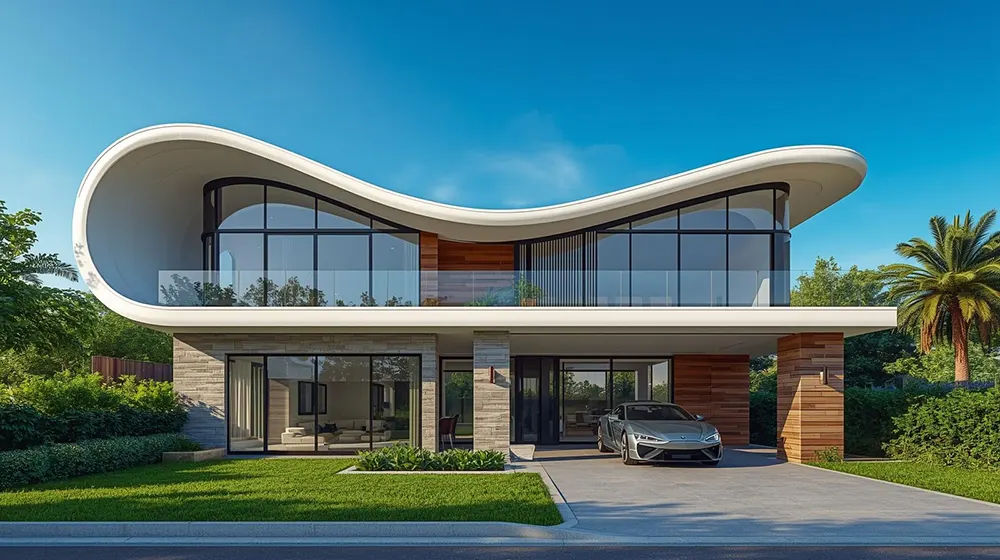 A stylish modern villa with an elegant, wavy curved roof, glass walls, a broad balcony, and wood-clad sections. There’s a silver sports car in the driveway, surrounded by green landscaping and palm trees on a sunny day