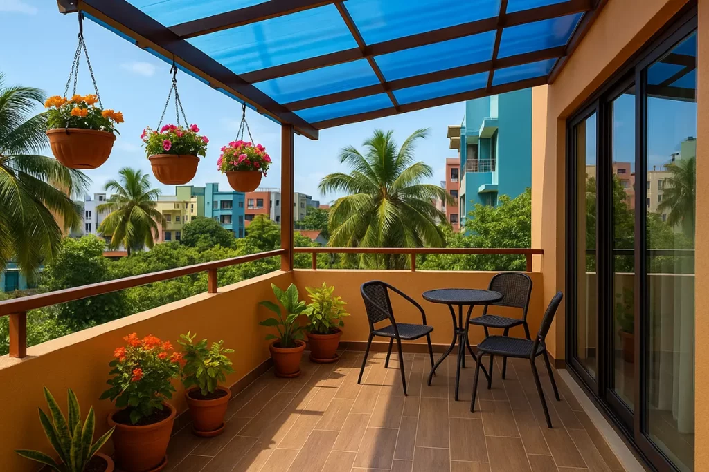 Photo of a modern Indian balcony featuring a gently curved blue polycarbonate shed roof with brown frame, outdoor seating area with round table and black chairs, potted plants, and hanging flower baskets. Tropical palms, colorful buildings, and a clear blue sky create a vibrant urban landscape in the background, highlighting an airy, functional design perfect for city homes.