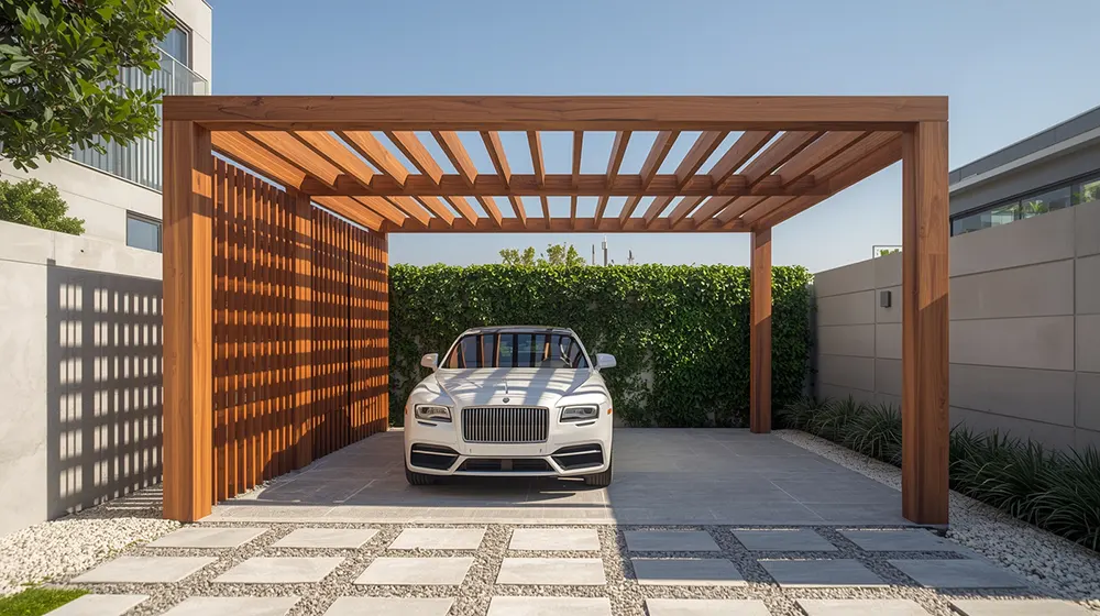Contemporary wooden pergola car parking shed with an open slatted timber roof and partial lattice side screen, white luxury sedan parked on a geometric stone tile driveway, clean landscape plantings and privacy walls, sunny blue sky, upscale urban residential environment