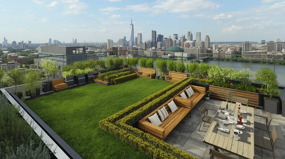A spacious green rooftop park showcases long wooden benches, cozy seating nooks, and a large dining table set for a meal. Flowering planters, lush borders, and a view of skyscrapers and a river form a tranquil urban oasis above the city