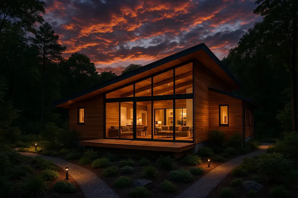 Contemporary Wooden House with Sloped Roof at Dusk