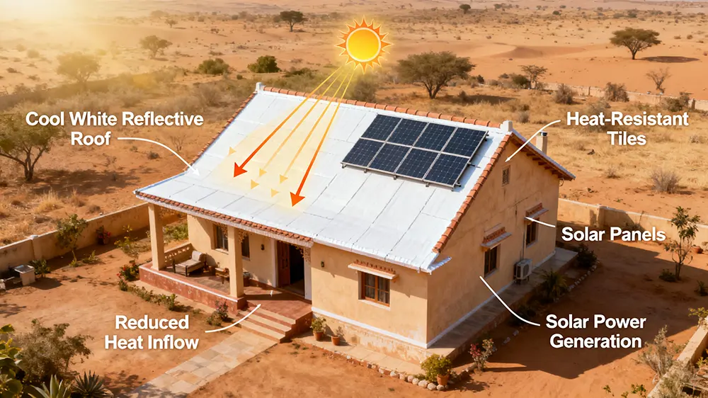 A house in a dry landscape, such as Rajasthan, features a bright white reflective roof, heat-resistant tile coverings, and integrated solar panels. Sunlight is shown bouncing off the cool roof, minimizing heat absorption, with arrows indicating reduced heat transfer into the building. The solar panels generate electricity, helping offset daytime cooling needs, while the absence of a lush garden emphasizes the arid climate. The image highlights advanced roofing technologies that keep interiors cooler and lower energy costs in extreme heat