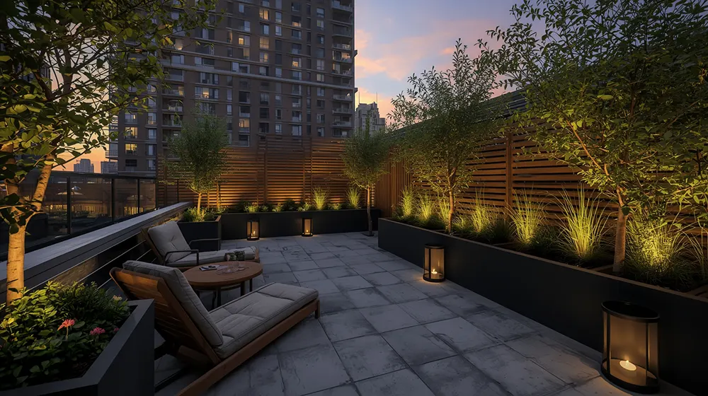 Cozy City Rooftop Patio with Sunset Views and Modern Seating