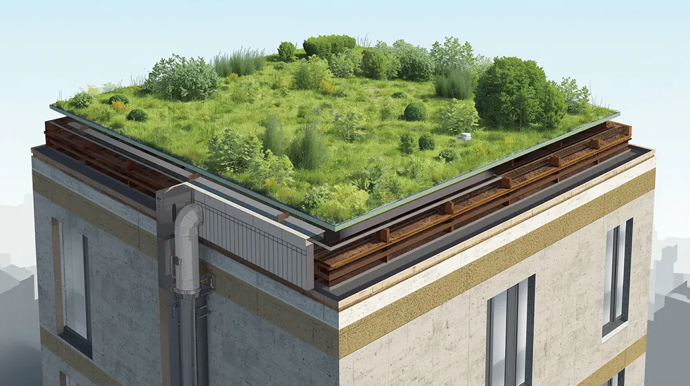 Cross Section of an Urban Green Roof with Vegetation and Drainage System 1