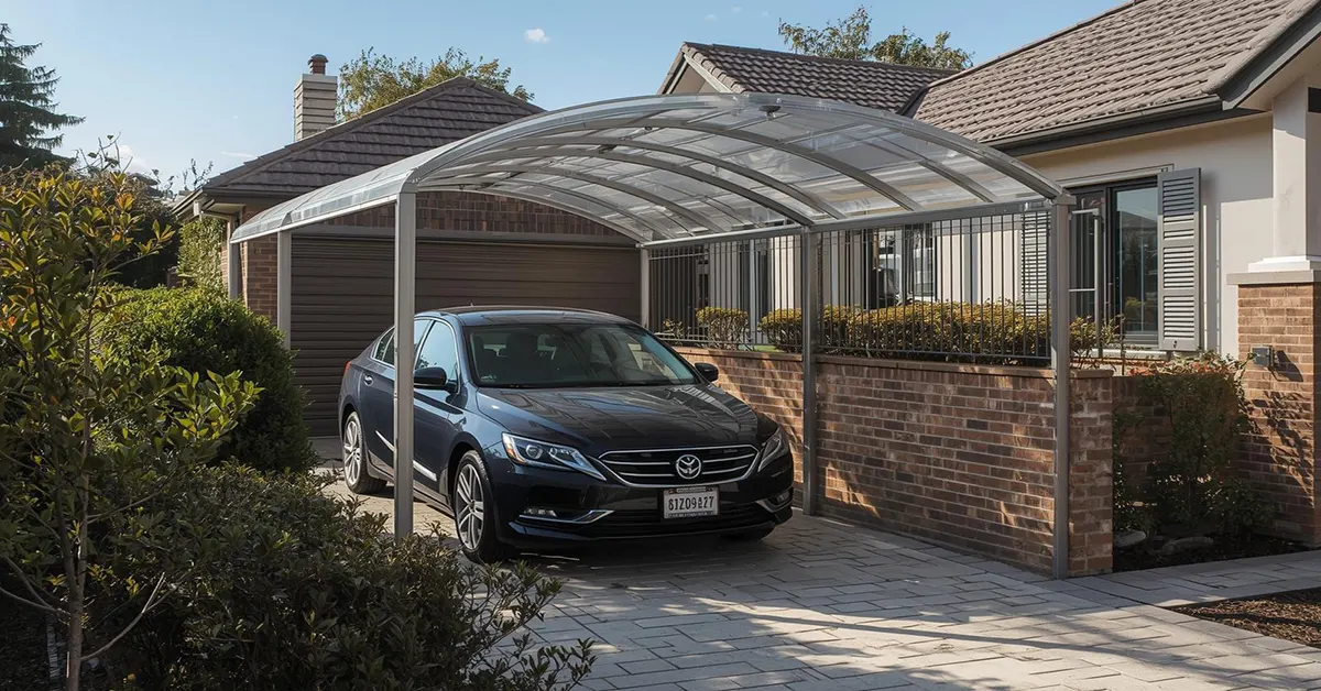 Modern single-car parking shed with a curved transparent polycarbonate roof and sturdy metal frame, dark blue sedan parked underneath, located beside a brick-walled suburban house, paved driveway with landscaped shrubs, efficient weather protection and minimalist residential driveway design