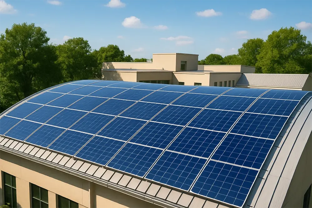 A modern building with a large, arched metal roof completely covered by blue solar panels. The solar panels are arranged in neat rows, reflecting sunlight under a blue sky with a few clouds. Trees with green foliage surround the building, showcasing the integration of renewable energy in contemporary architecture